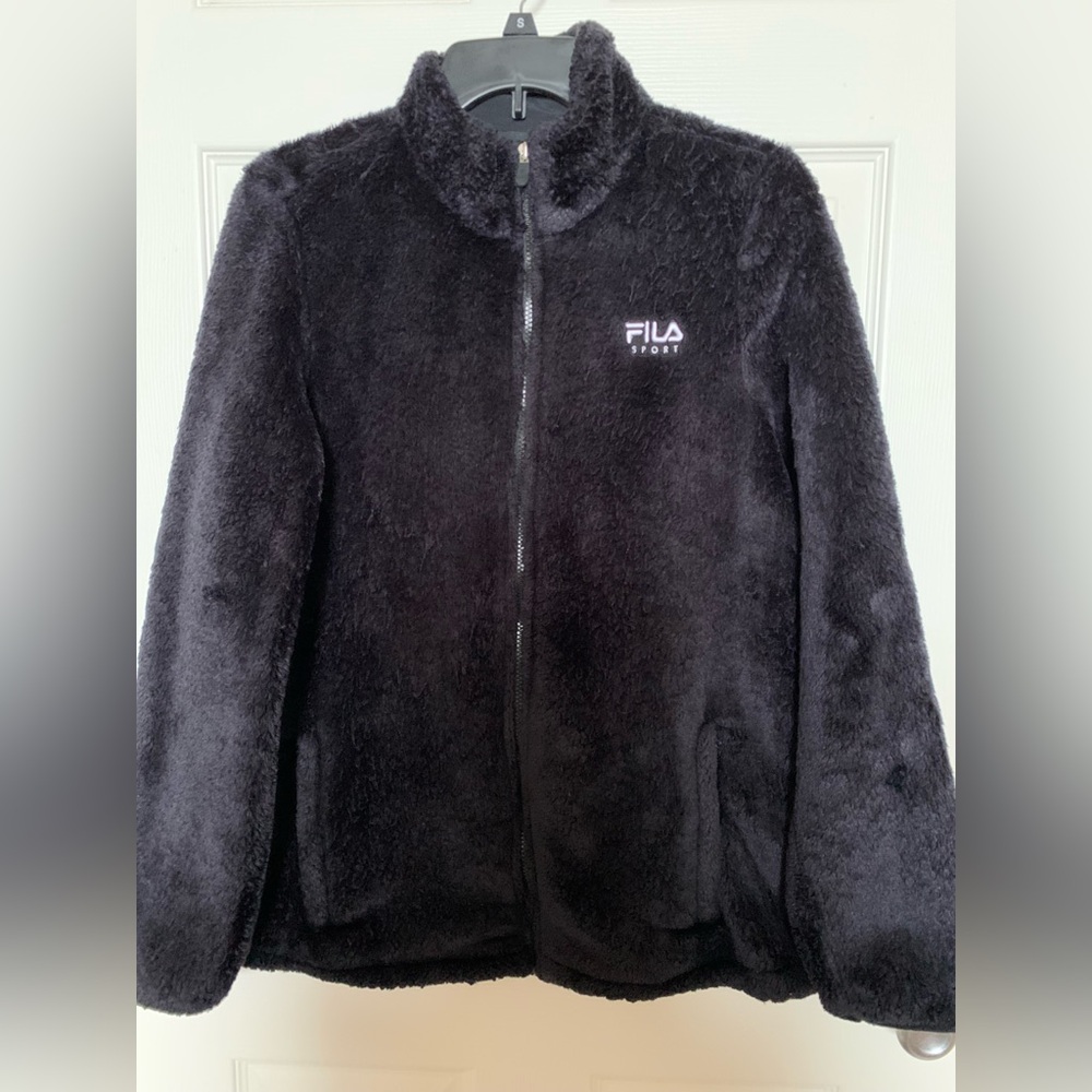 Fila Womens Large Black Full Zip Jacket Teddy Fleece Fuzzy Ladies